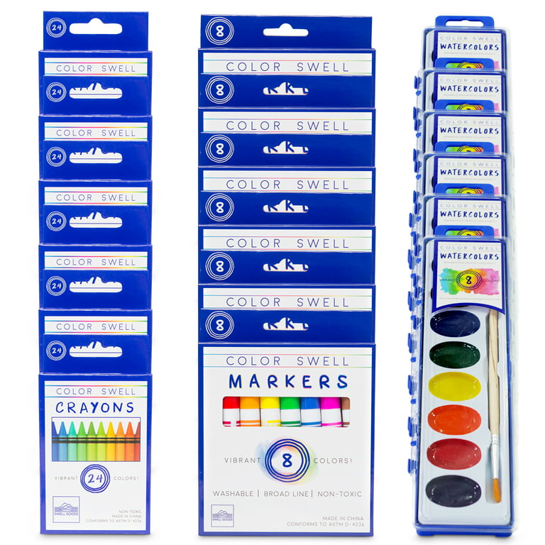 Color Swell Bulk Art Supplies - 6 Packs Washable Markers, 6 Watercolor Paints, 6 Packs Wax Crayons