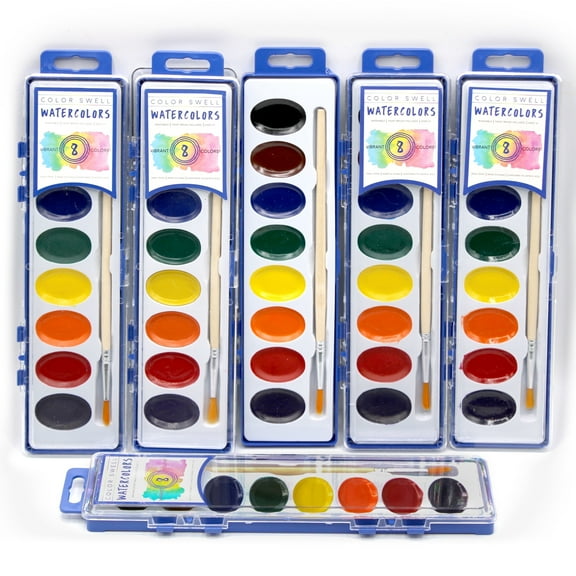 Color Swell Bulk Watercolor 8-Color Paint Packs and Quality Wood Brushes, 6 Packs