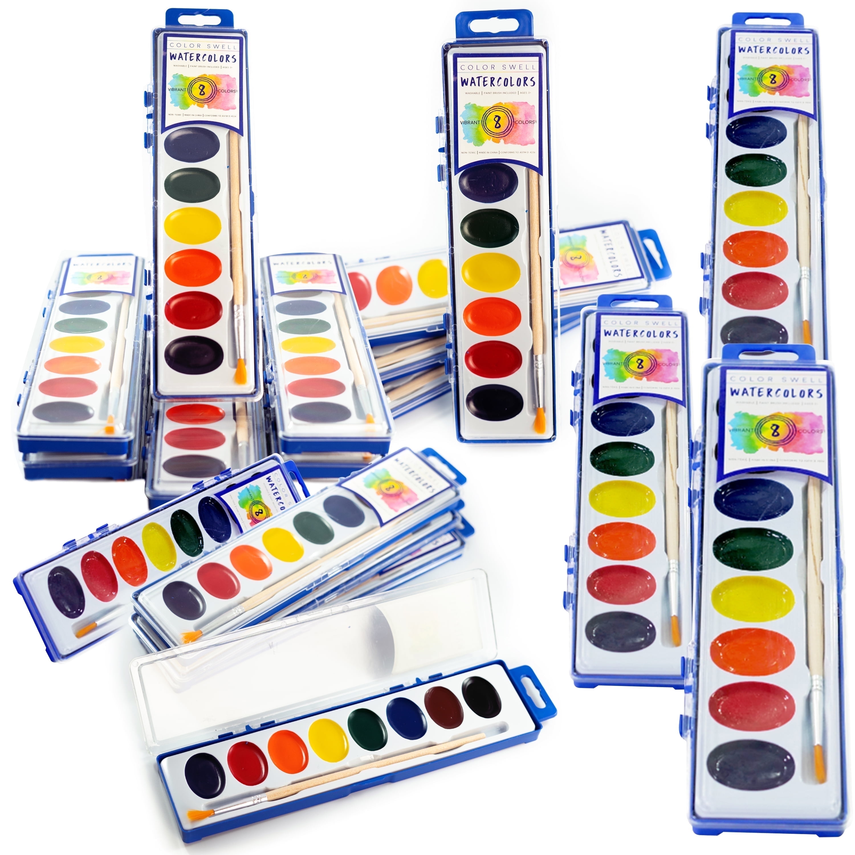 Color Swell Bulk Watercolor Paint Packs and Quality Wood Brushes, 18 Palettes, 8 Washable Colors per Palettes