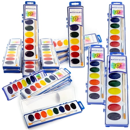 Color Swell Bulk Watercolor Paint Packs and Quality Wood Brushes, 18 Palettes, 8 Washable Colors Per Palettes