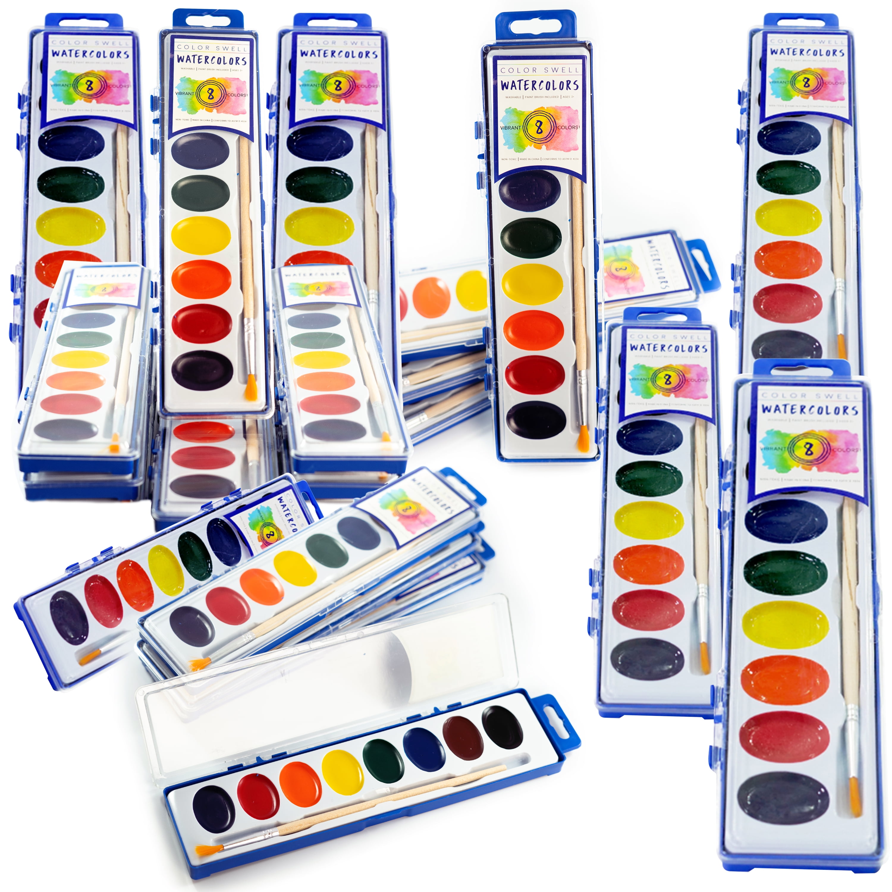 Color Swell 36 Set Bulk Watercolor Paint Pack with Wood Brushes 8 Colors  Washable Water Colors Perfect for Kids Classroom Parties Students All Ages