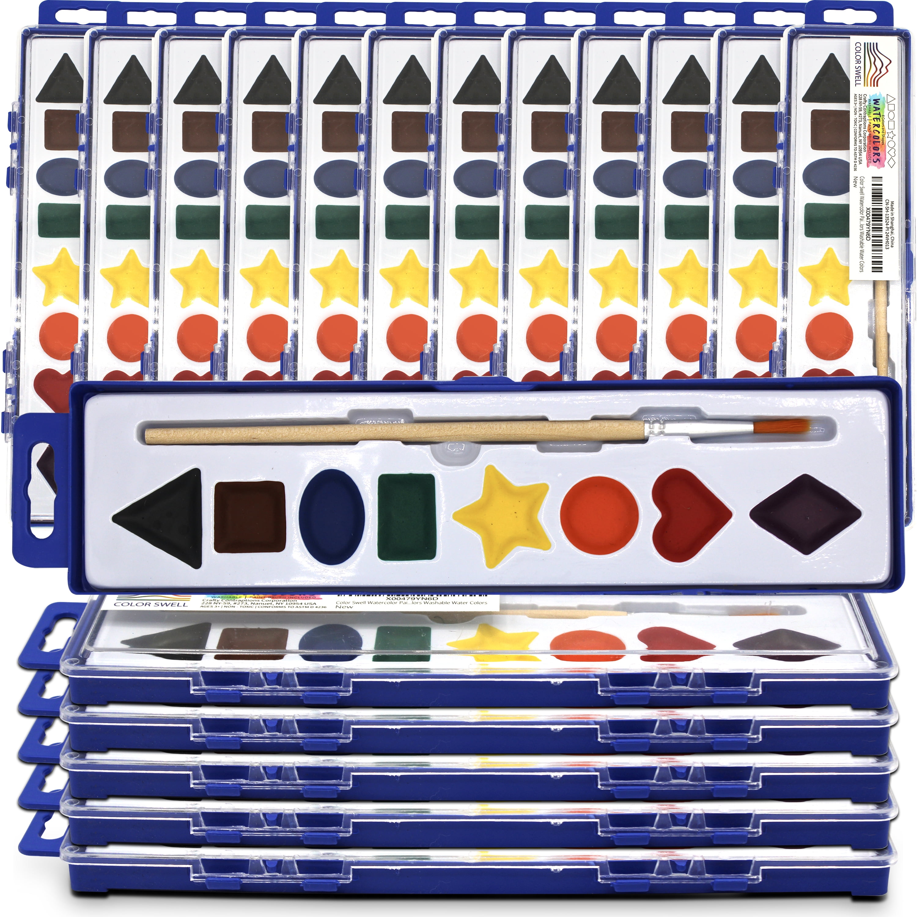 Color Swell Bulk Watercolor Paints with Shapes 18 pack for Learning Shapes with Strong Wood Brush 8 Colors Washable Water Colors