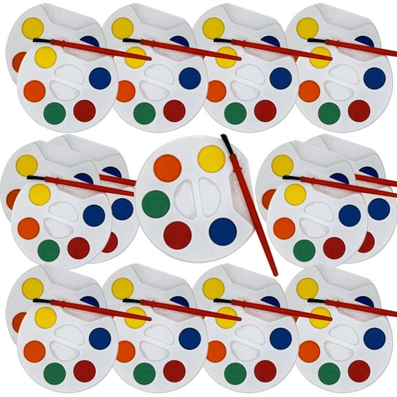 Color Swell Bulk Watercolors Round Paint Pack with Brushes - 25 Sets with 5 Washable Colors Each - Great for Kids, Classrooms, Parties, Students, Donations, Party Favors