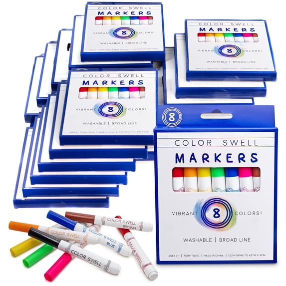 Color Swell Washable Markers Bulk 18 Pack, 8 markers Per Pack, 144 Total