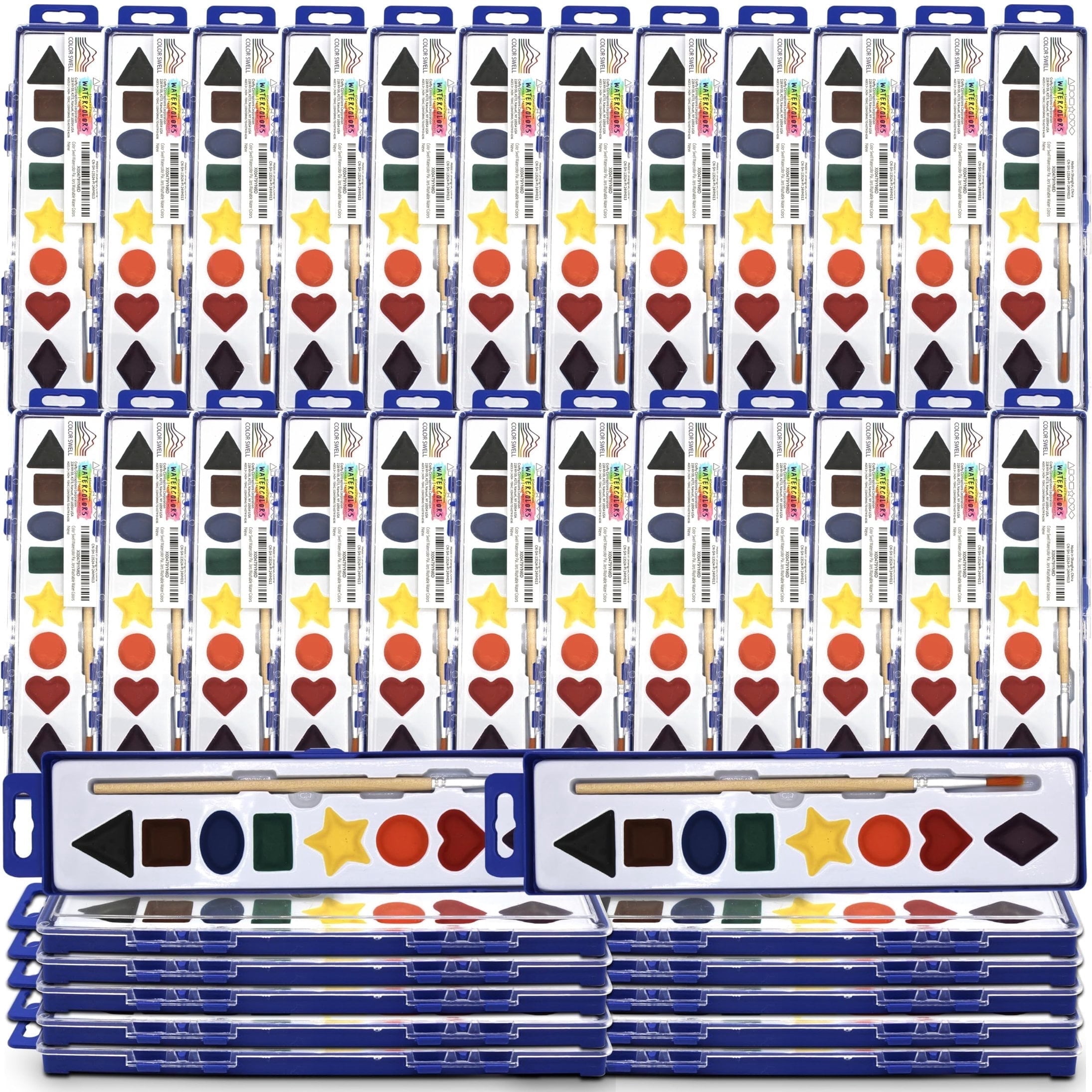 Color Swell Watercolor Paints 36 Pack with Shapes for Learning with Strong Wood Brush