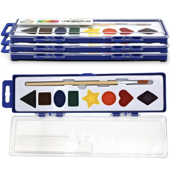 Color Swell Watercolor Paints 4 Pack with Shapes for Learning with Strong Wood Brush 8 Colors Washable Water Colors