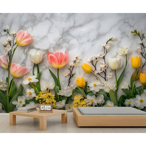 Color Tulips Custom Wallpaper Abstract White Marble Wall Murals Living Room Bedroom Background Modern Floral Art 3D Wall Mural Home Decor 110"W x 79"H (Not Peel and Stick)