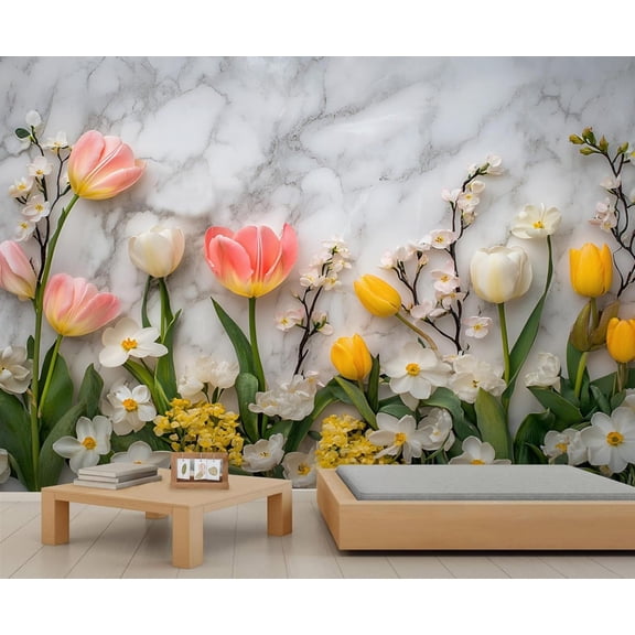 Color Tulips Custom Wallpaper Abstract White Marble Wall Murals Living Room Bedroom Background Modern Floral Art 3D Wall Mural Home Decor 118"W x 83"H (Not Peel and Stick)