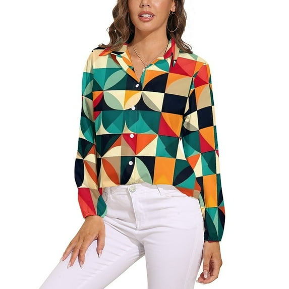 Color Vintage Geometric Blouse Abstract Art Office Design Blouses Women Fashion Shirt Autumn Long Sleeve Oversized Clothing