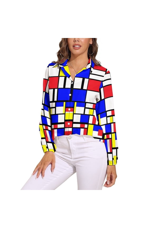 Color Vintage Geometric Blouse Abstract Art Office Design Blouses Women Fashion Shirt Autumn Long Sleeve Oversized Clothing