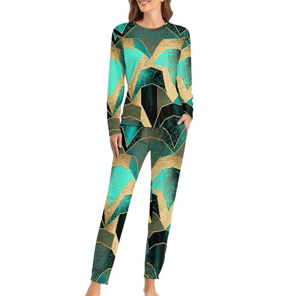 Color Vintage Geometric Pajamas Autumn Abstract Art Home Oversized Sleepwear Womens Long Sleeve Printed Retro Pajama Set