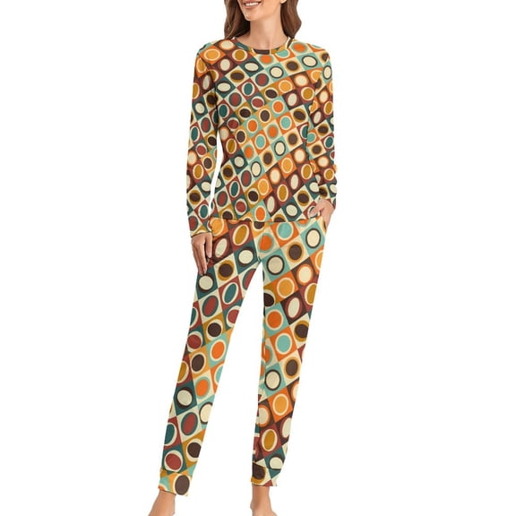 Color Vintage Geometric Pajamas Autumn Abstract Art Home Oversized Sleepwear Womens Long Sleeve Printed Retro Pajama Set
