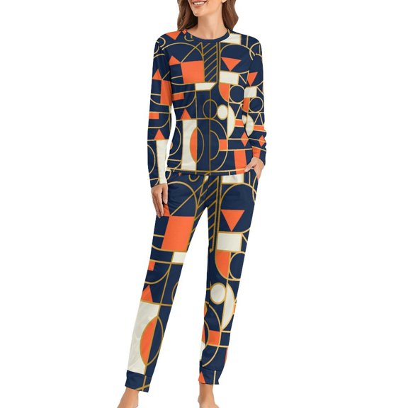 Color Vintage Geometric Pajamas Autumn Abstract Art Home Oversized Sleepwear Womens Long Sleeve Printed Retro Pajama Set
