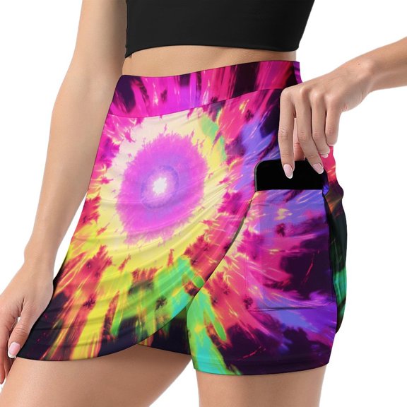 Color Vortex Tie Dyeing Women's High Short Skirt, High Waisted Mini Skirt with One Side Pocket