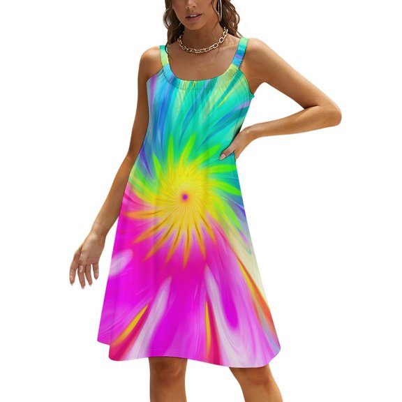 Color Vortex Tie Dyeing Women's Summer Dresses 2025 Beach Casual Sleeveless Floral Print Tank Loose Sundress