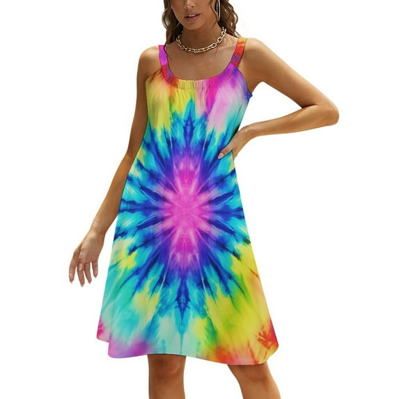 Color Vortex Tie Dyeing Womens Summer Dresses Casual Sleeveless Tshirt Sundresses Vacation Beach Cover Up Dress