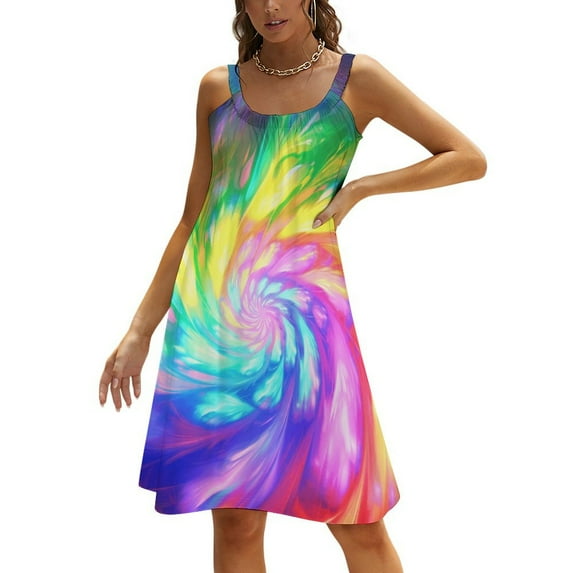 Color Vortex Tie Dyeing Womens Summer Dresses Casual Sleeveless Tshirt Sundresses Vacation Beach Cover Up Dress