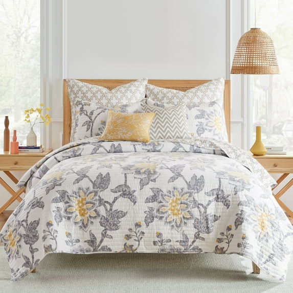 Levtex Home - Reverie Quilt Set - Twin Quilt + One Standard Pillow Sham - Floral - Yellow, Grey, and White - Quilt Size (68x86in.) and Pillow Sham Size (26x20in.) - Reversible - Cotton Fabric
