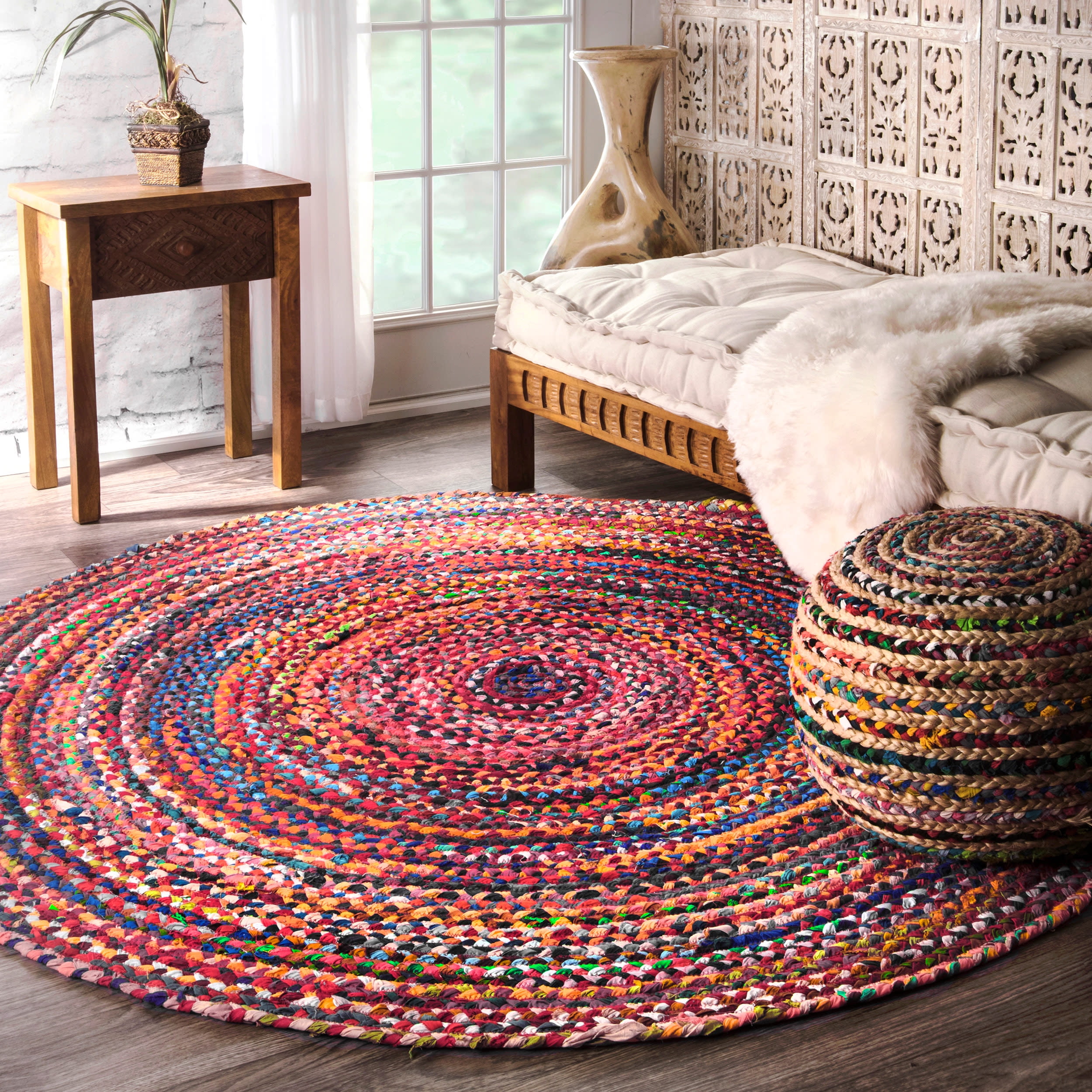 Handmade Bohemian Braided Cotton Round Rug, Blue Stripe, 4' Diameter