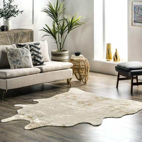 nuLOOM Marcia SpinClean Machine Washable Faux Cowhide Area Rug, 5' x 6' 7", Shaped, Marcia Off-white