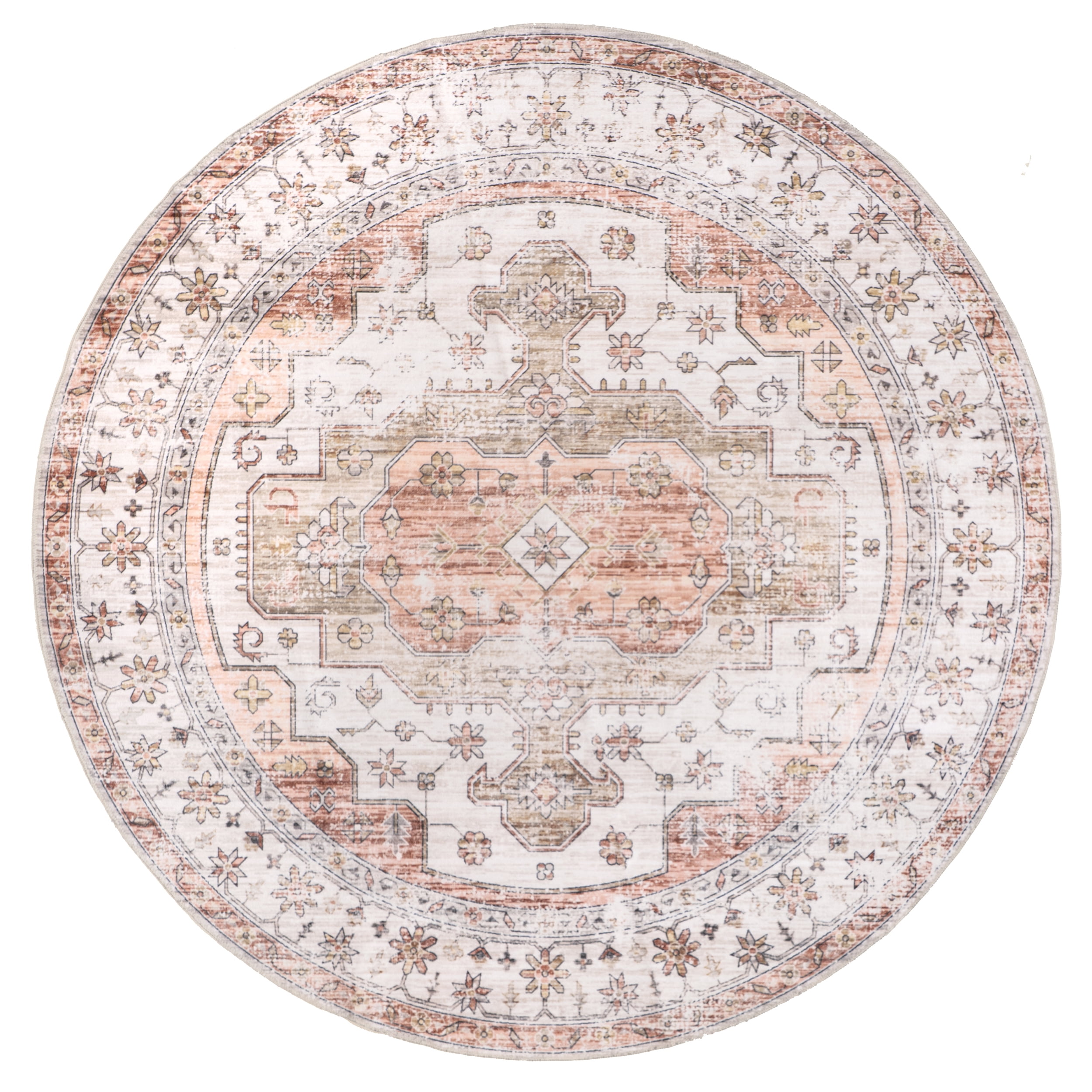 Vintage Beige and Tan Round Synthetic Washable Area Rug, 6'