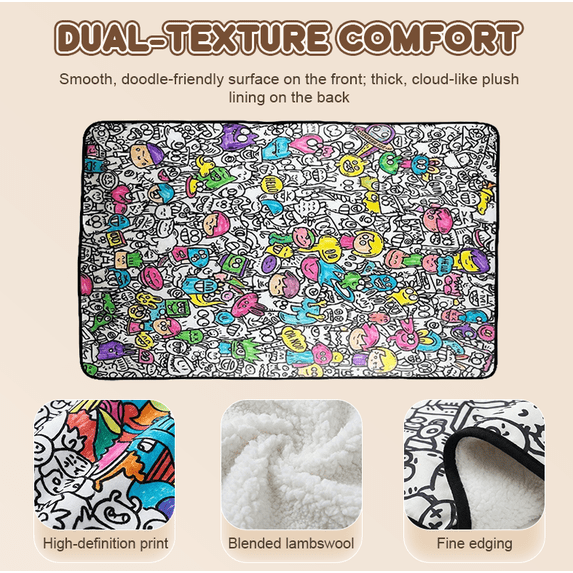 Color Your Own Cartoon Blanket Black And White Graffiti Interactive Doodle Throw With Cozy Lamb Fleece Back For Creative Fun And Warm Relaxation
