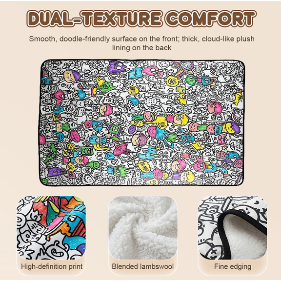 Color Your Own Cartoon Blanket Black And White Graffiti Interactive Doodle Throw With Cozy Lamb Fleece Back For Creative Fun And Warm Relaxation