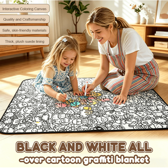 Color Your Own Cartoon Blanket DIY Graffiti Coloring Throw With Soft Plush Fleece Reverse Side For Artistic Expression Family Bonding And Home Decor