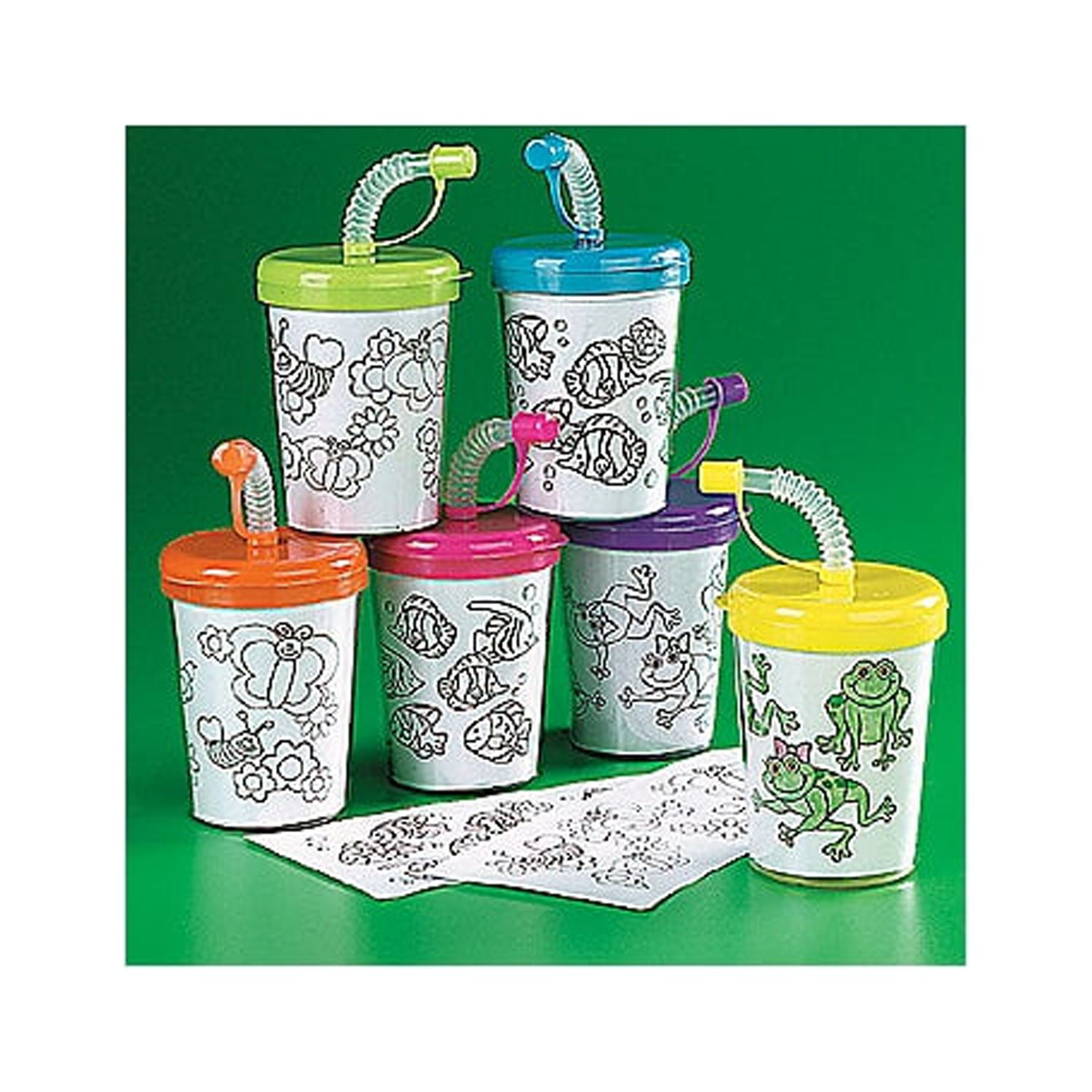 Color Your Own Animals BPA-Free Plastic Cups with Lids & Straws - 12 Ct.