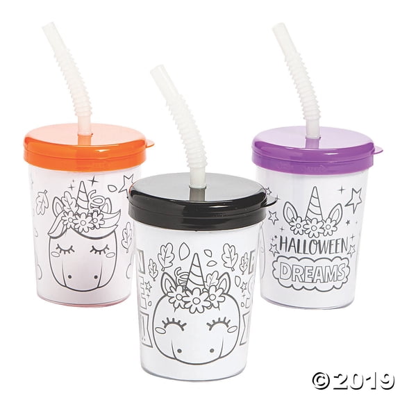 Color Your Own Halloween Unicorn Pumpkin Cups with Lids & Straws