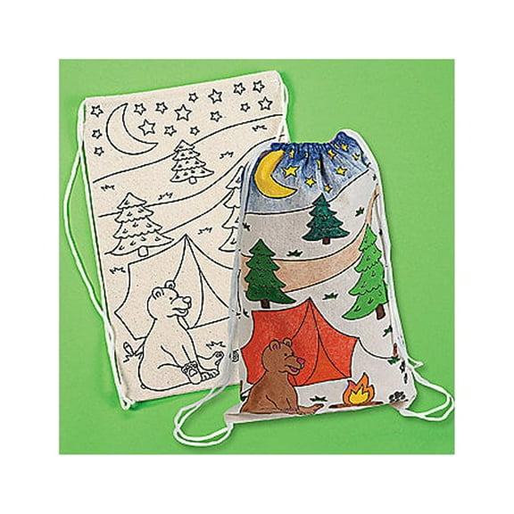 Color Your Own Medium Camp Canvas Drawstring Bags, Craft Kits, Fabric, CYO - General, 12 Pieces, Natural