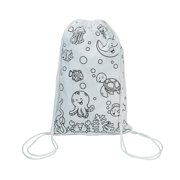 Color Your Own Medium Under the Sea Canvas Drawstring Bags, Craft Kits, Fabric, CYO - General, Other, 12 Pieces, Black/White