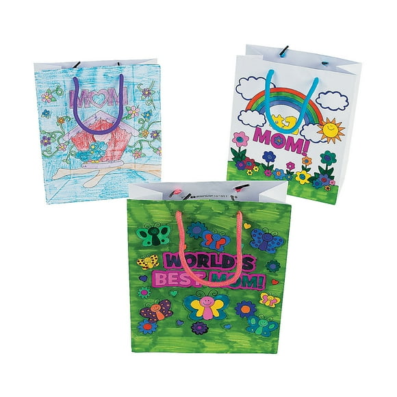 Color Your Own Mom Paper Gift Bags - Craft Kits - 12 Pieces