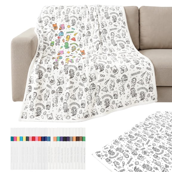 Color Your Own Throw Blanket (50" x 60"), DIY Craft Kit for Kids & Adults, Includes 24 Permanent Fabric Markers, Machine Washable