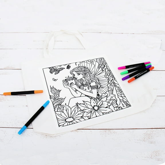 Color Your Own Tote Bag - Fairy Design - Inlcudes Tote Bag With Preprinted Design - 14.5"x17"x3" Tote