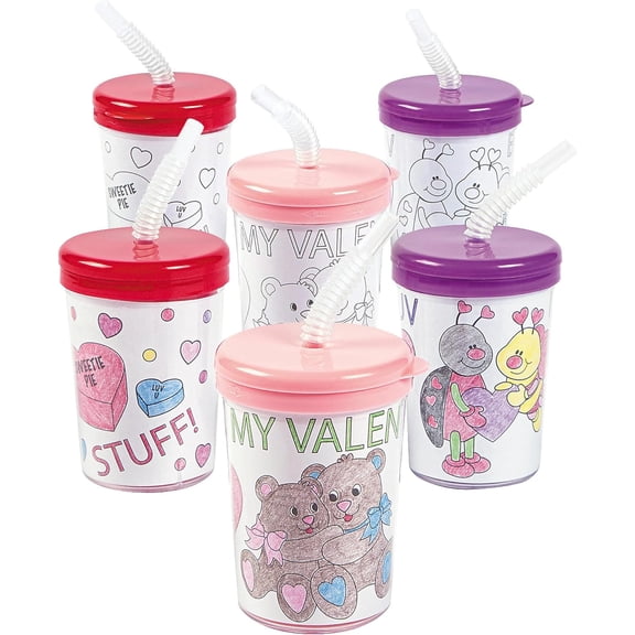 Color Your Own Valentine Cups W/Lids And Straws - Craft Kits - 12 Pieces