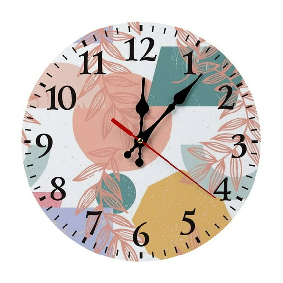 Color block, plant collage pattern Wall Clock Silent Non Ticking Wooden Wall Clocks Battery Operated Round Wall Decor for Bathroom Kitchen Bedroom 10*10in