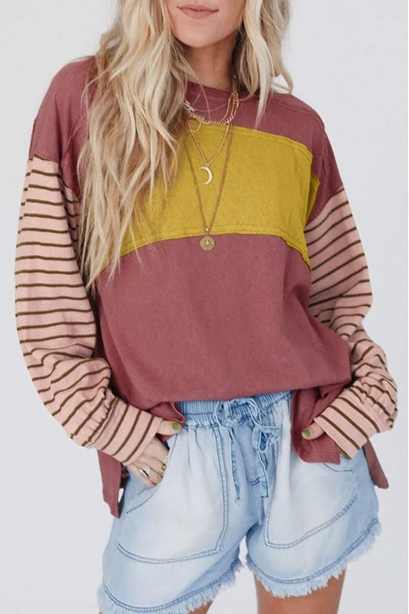 Color block stripe lantern sleeve side slit tunic