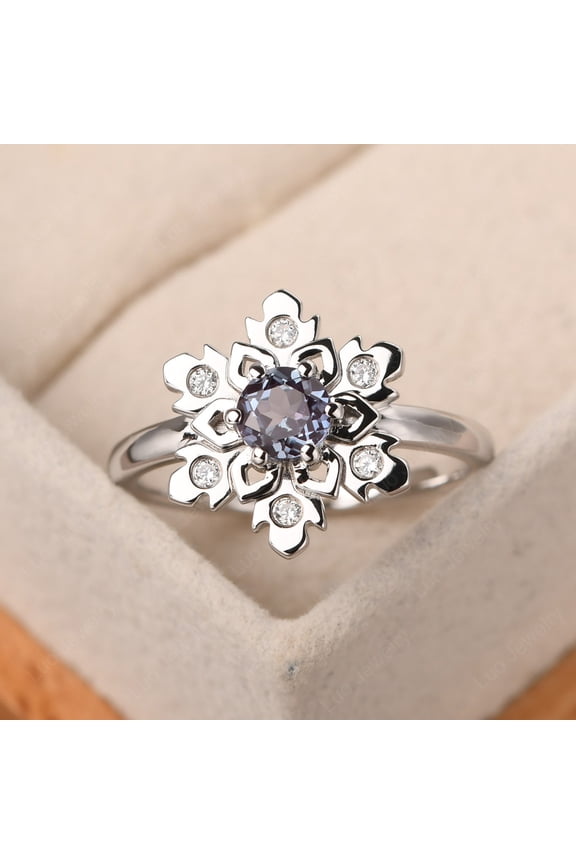 Color changing Lab Alexandrite ring,sterling silver June birthstone ring,unique snowflake ring