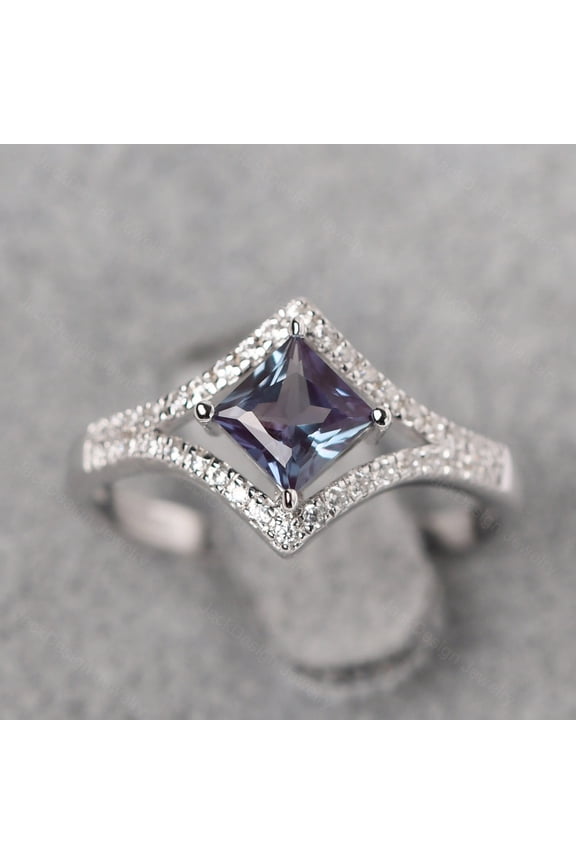 Color changing alexandrite proposal ring silver princess cut kite setting June birthstone ring