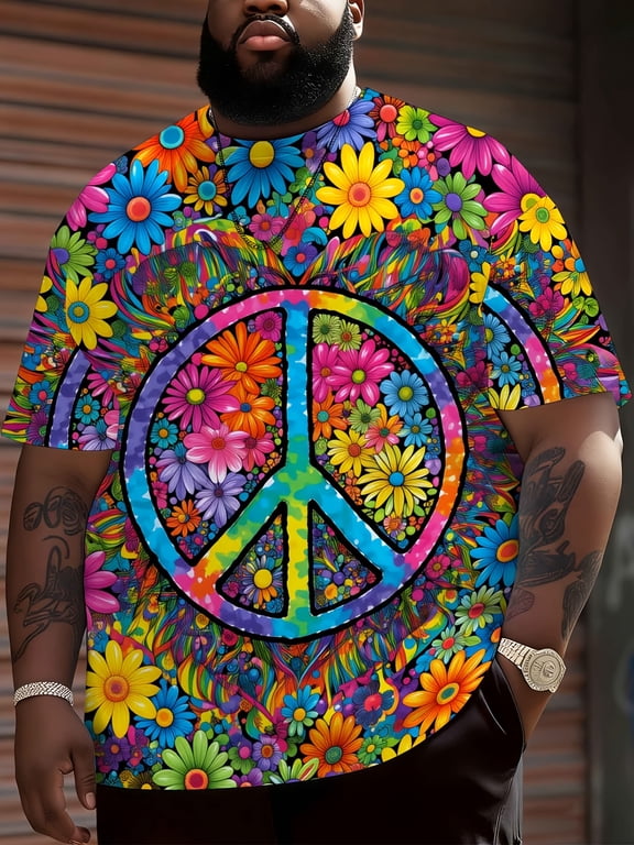 Color peace logo flower pattern tie-dye T-shirt, men's summer casual short-sleeved printed T-shirt, hipster hippie style fashion top, plus size