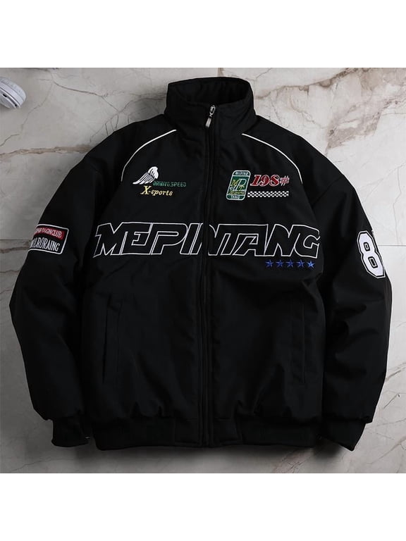 Men's Racing Jacket Zip Up Stand Collar Bomber Jacket, Vintage Letter Patched Windbreaker, Lightweight Casual Motorsport Jacket for Streetwear Daily Wear