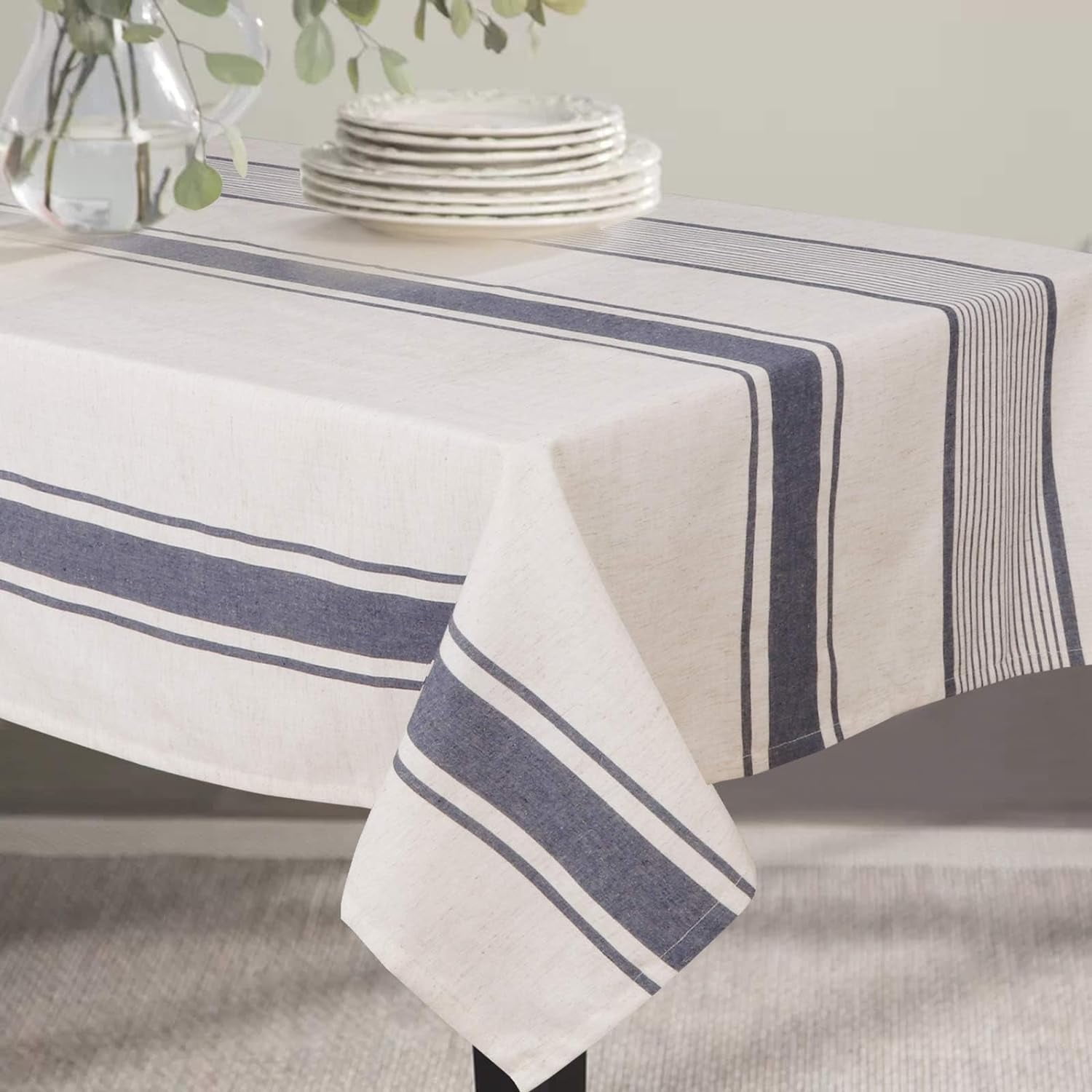 ColorBird French Stripe Tablecloth Cotton Linen Fabric Dust-Proof ...