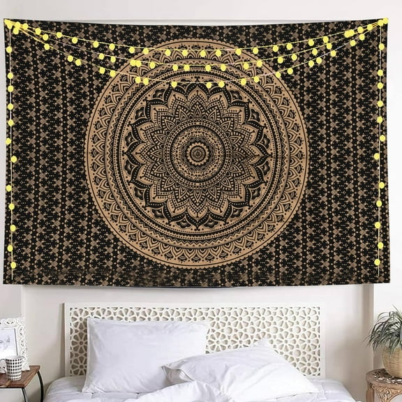 ColorDecor Hippie Mandala Hangings Tapestry Gold and Black - Indian Cotton Beach, Bohemian Decor Tapestrys - Bedroom Aesthetic Tapestries