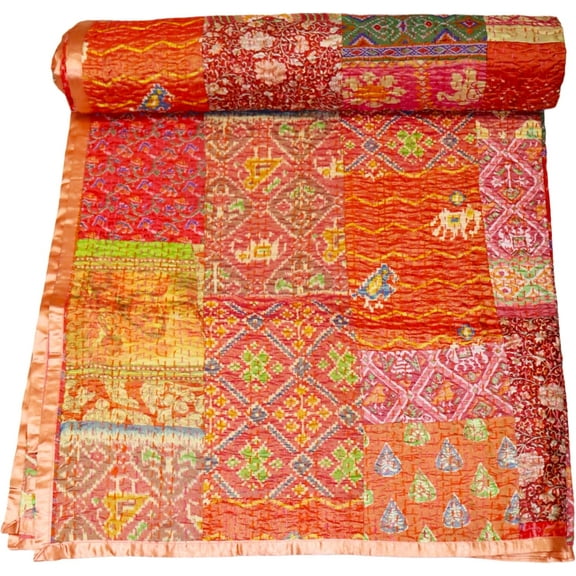 ColorFull House Handcrafted Silk Patola Kantha Quilt – Reversible, Lightweight Throw Blanket with Traditional Double Ikat Weave and Embroidery Size - ( Double 90" x 108" )