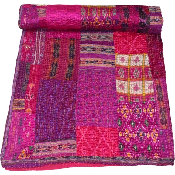 ColorFull House Handcrafted Silk Patola Kantha Quilt – Reversible, Lightweight Throw Blanket with Traditional Double Ikat Weave and Embroidery Size - ( Single 60" x 90" )