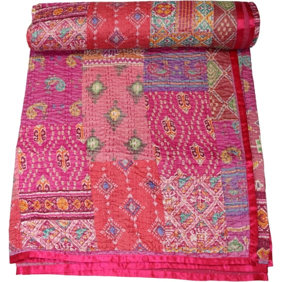 ColorFull House Handcrafted Silk Patola Kantha Quilt – Reversible, Lightweight Throw Blanket with Traditional Double Ikat Weave and Embroidery Size - ( Single 60" x 90" )