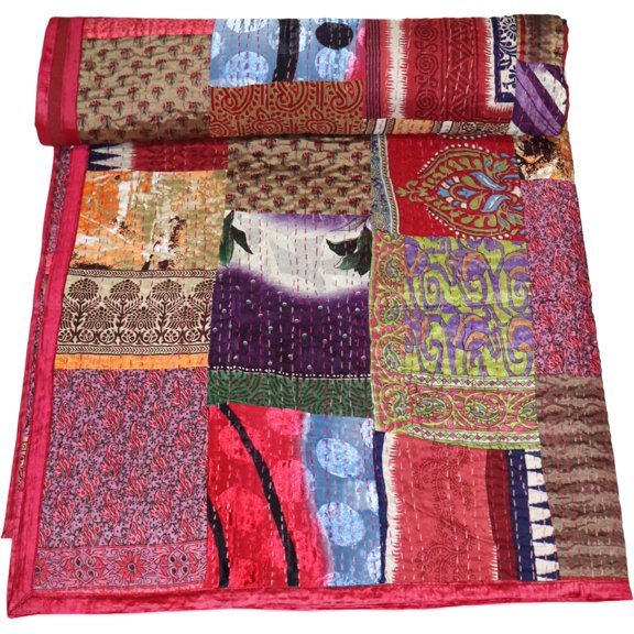 ColorFull House Handcrafted Silk Patola Kantha Quilt – Reversible, Lightweight Throw Blanket with Traditional Double Ikat Weave and Embroidery Size - ( Single 60" x 90" )