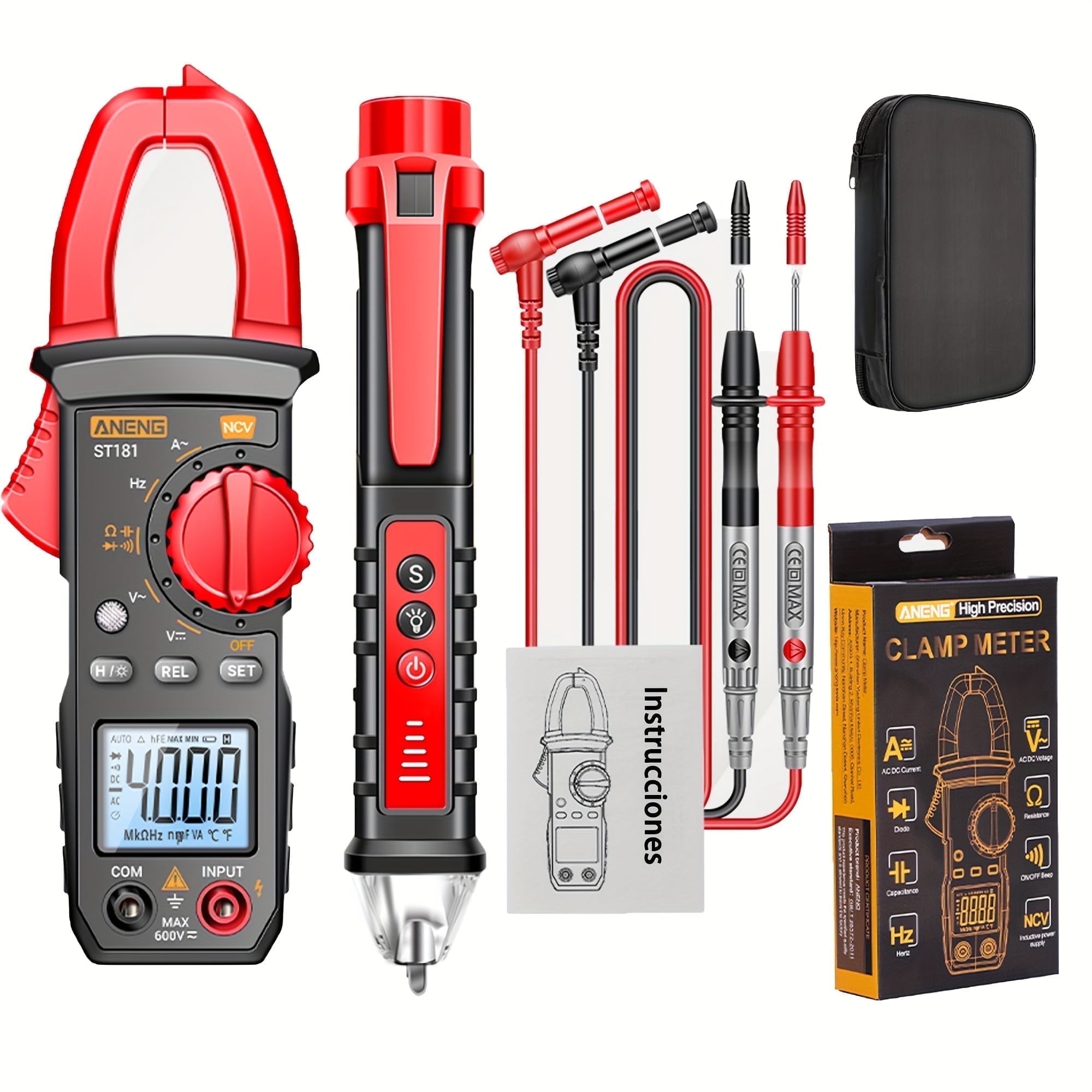 Clamp Type Multimeter Ammeter Kit, Including Sound And Light Screen Induction Measuring Pen. ST181 4000 Count,Measuring Current, Voltage, Capacitance, NVC Detection, Diode Continuity Duty Cycle