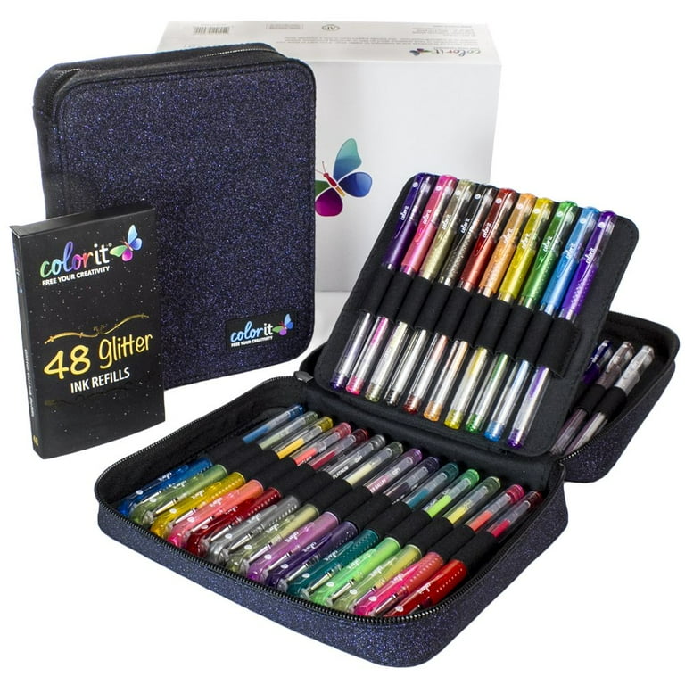  ColorIt Glitter Gel Pens For Adult Coloring Books 96 Pack - 48  Premium Quality Glitter Pens and Glitter Markers for Adult Coloring with 48  Matching Refills (96 Count Glitter Gel Pens) : Office Products